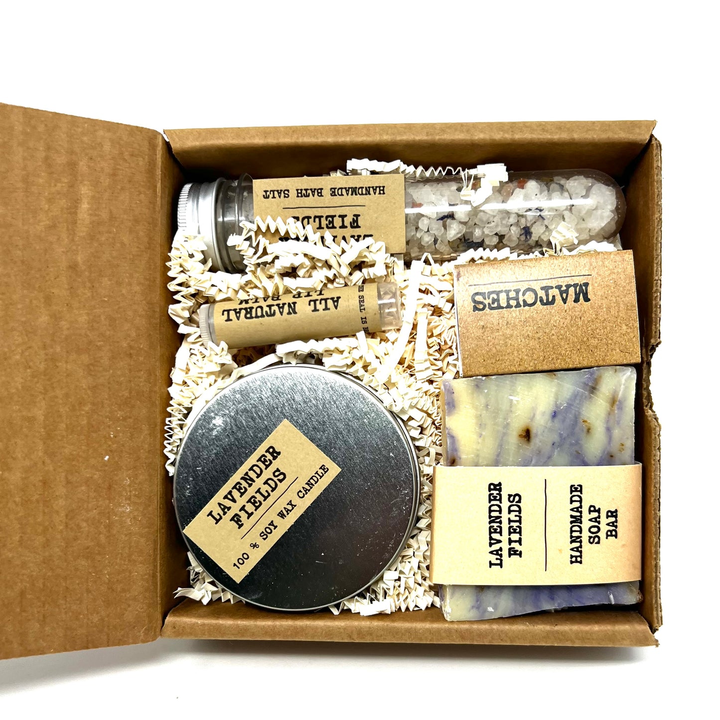 Lavender Fields Box Gift Set Soap, soy Wax Candle, Matches Lip balm, Handmade Bath salt