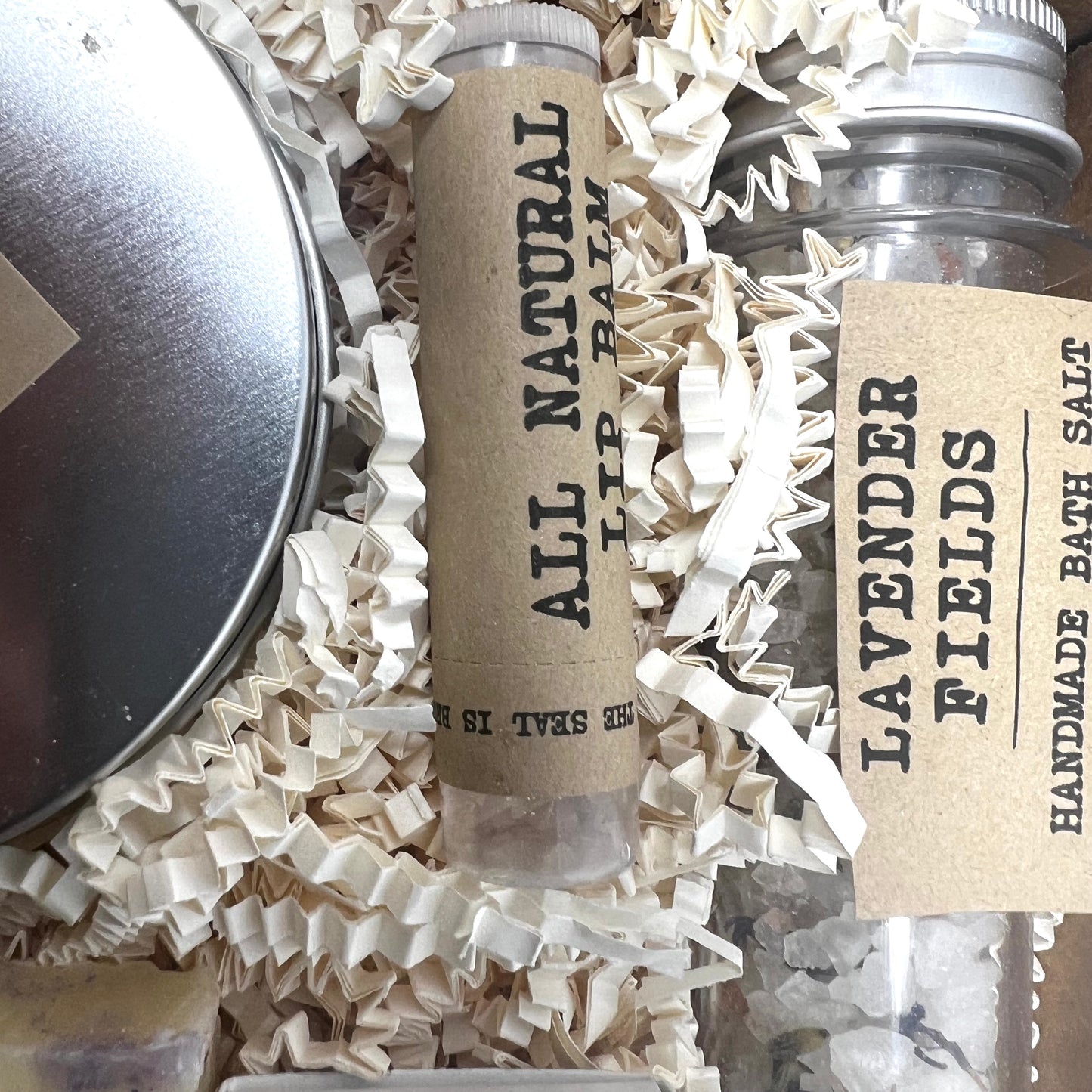 Lavender Fields Box Gift Set Soap, soy Wax Candle, Matches Lip balm, Handmade Bath salt